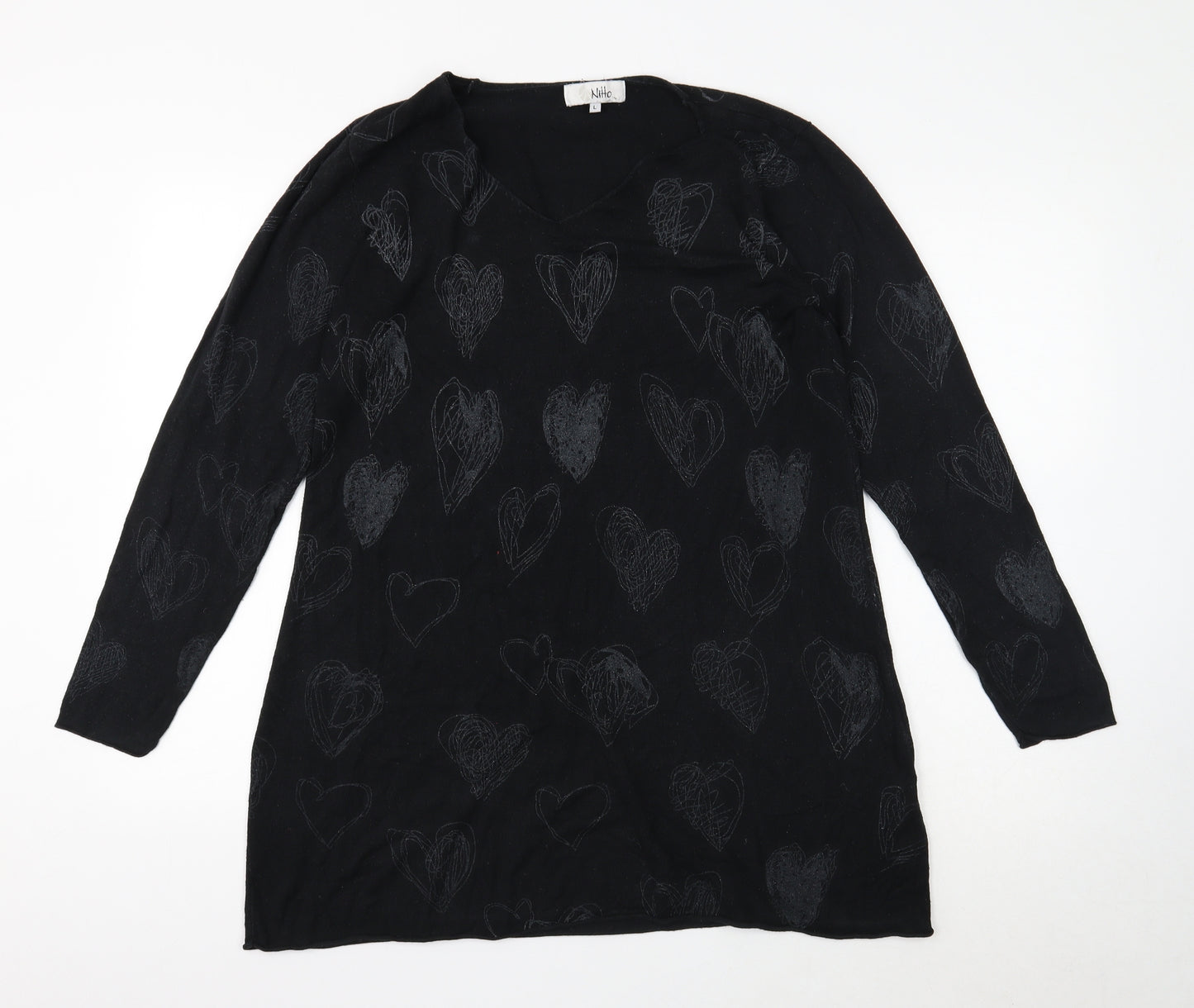 Nitto Womens Black V-Neck Geometric Viscose Pullover Jumper Size L - Heart Pattern