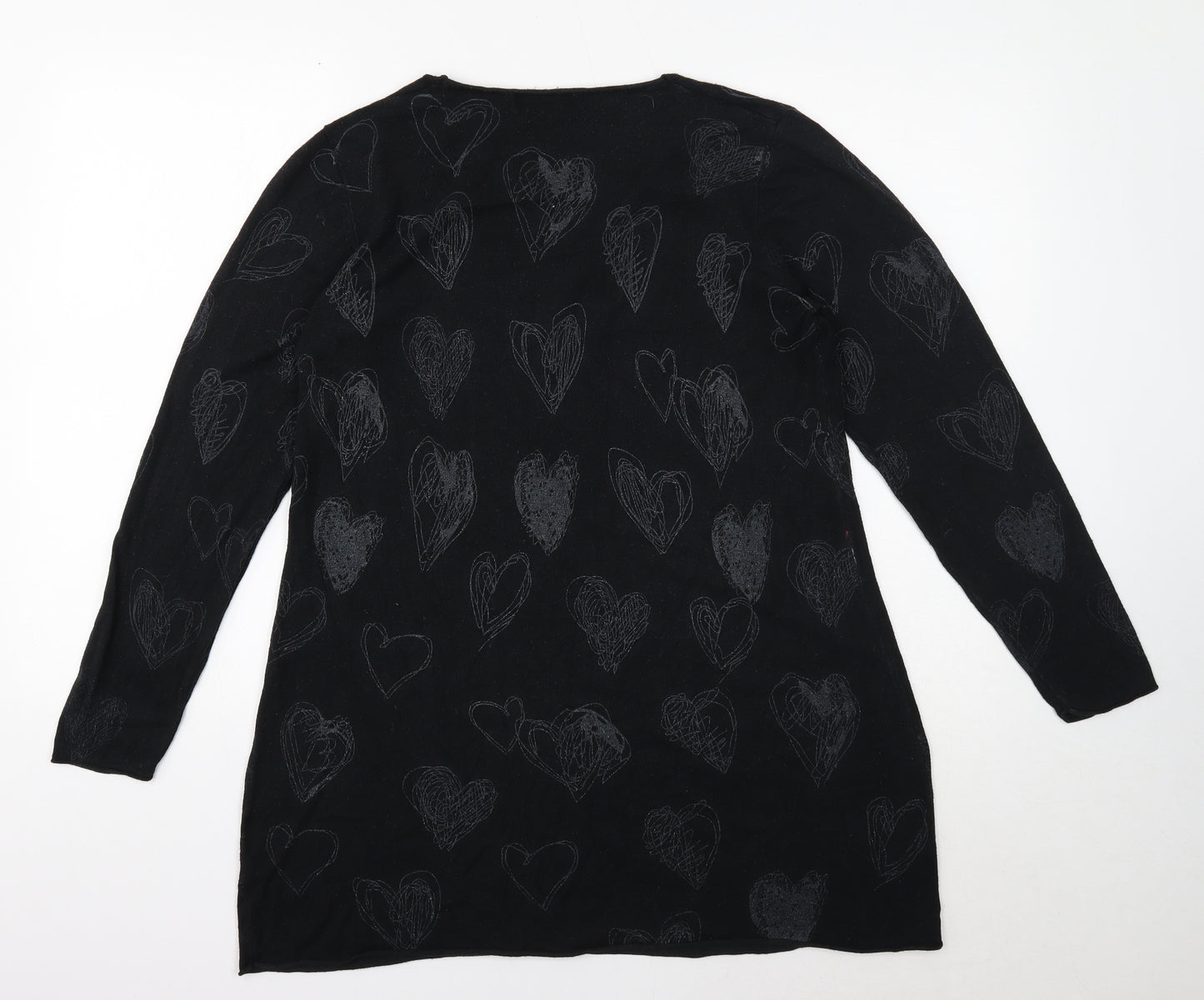 Nitto Womens Black V-Neck Geometric Viscose Pullover Jumper Size L - Heart Pattern