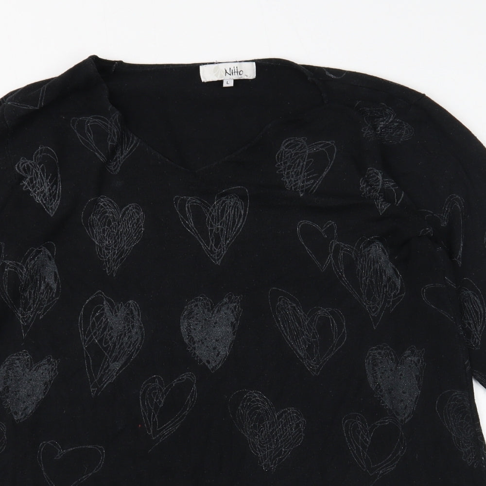 Nitto Womens Black V-Neck Geometric Viscose Pullover Jumper Size L - Heart Pattern