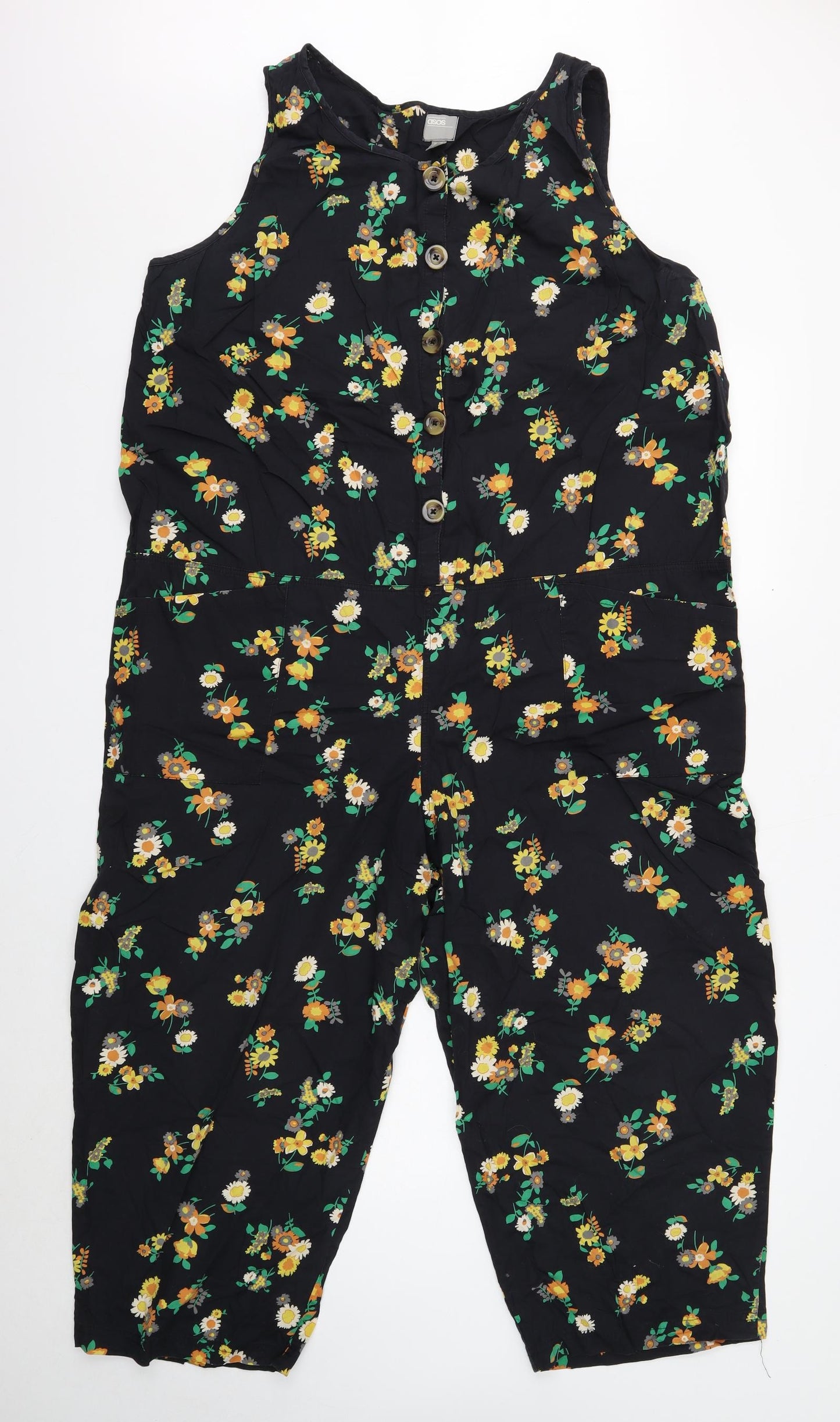 ASOS Womens Black Floral Cotton Jumpsuit One-Piece Size 18 Button