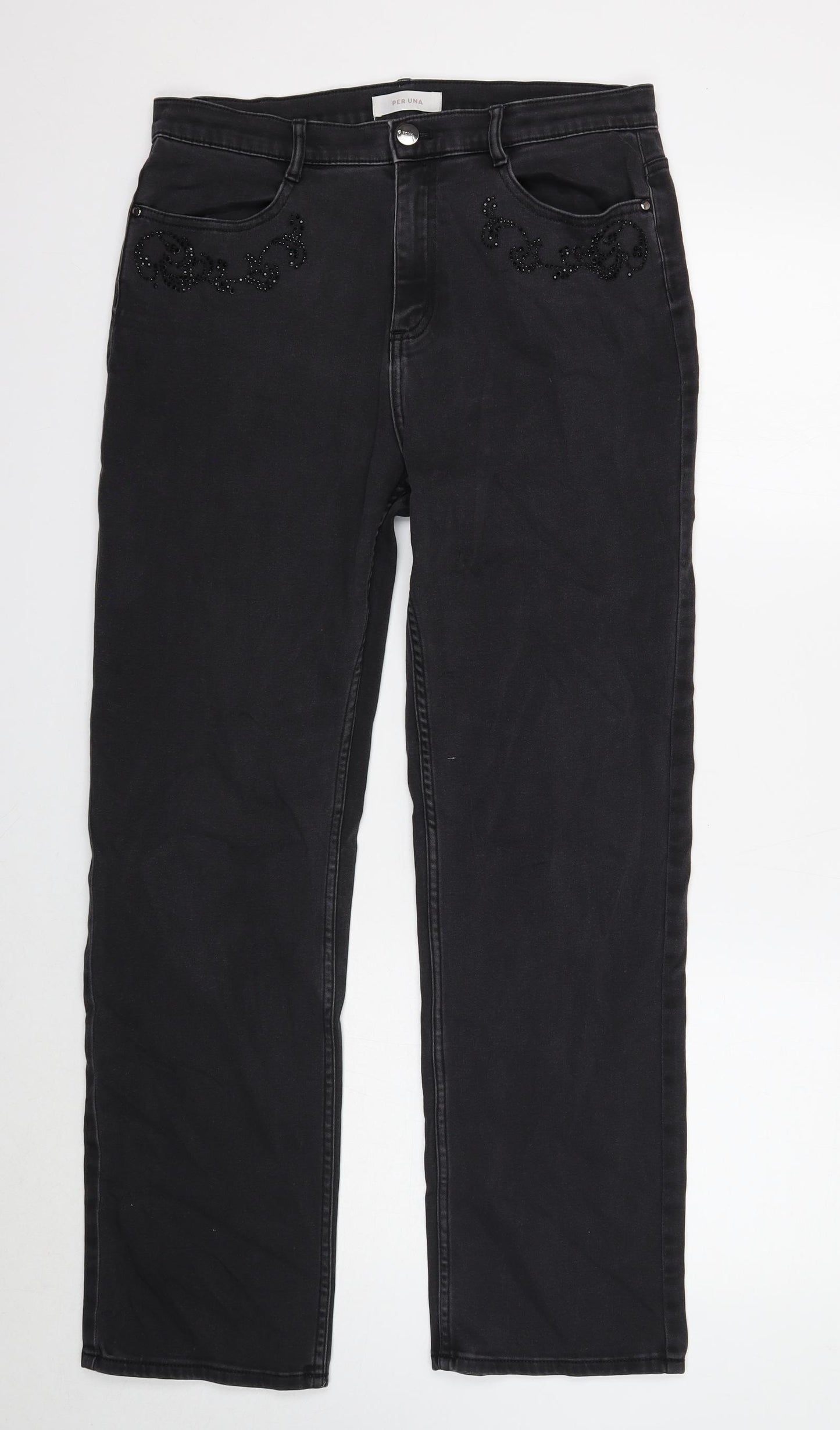 Marks and Spencer Womens Black Cotton Straight Jeans Size 14 Regular Zip
