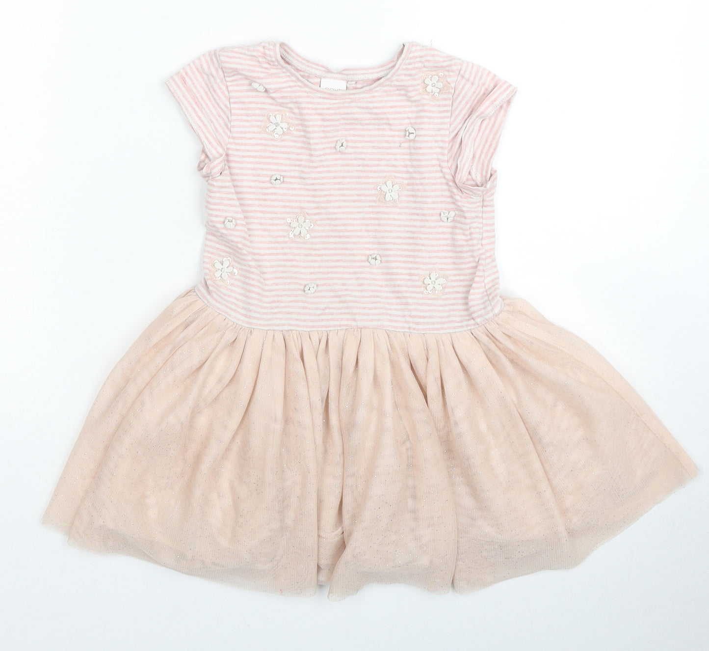 NEXT Girls Beige Striped Cotton Fit & Flare Size 2-3 Years Round Neck Pullover