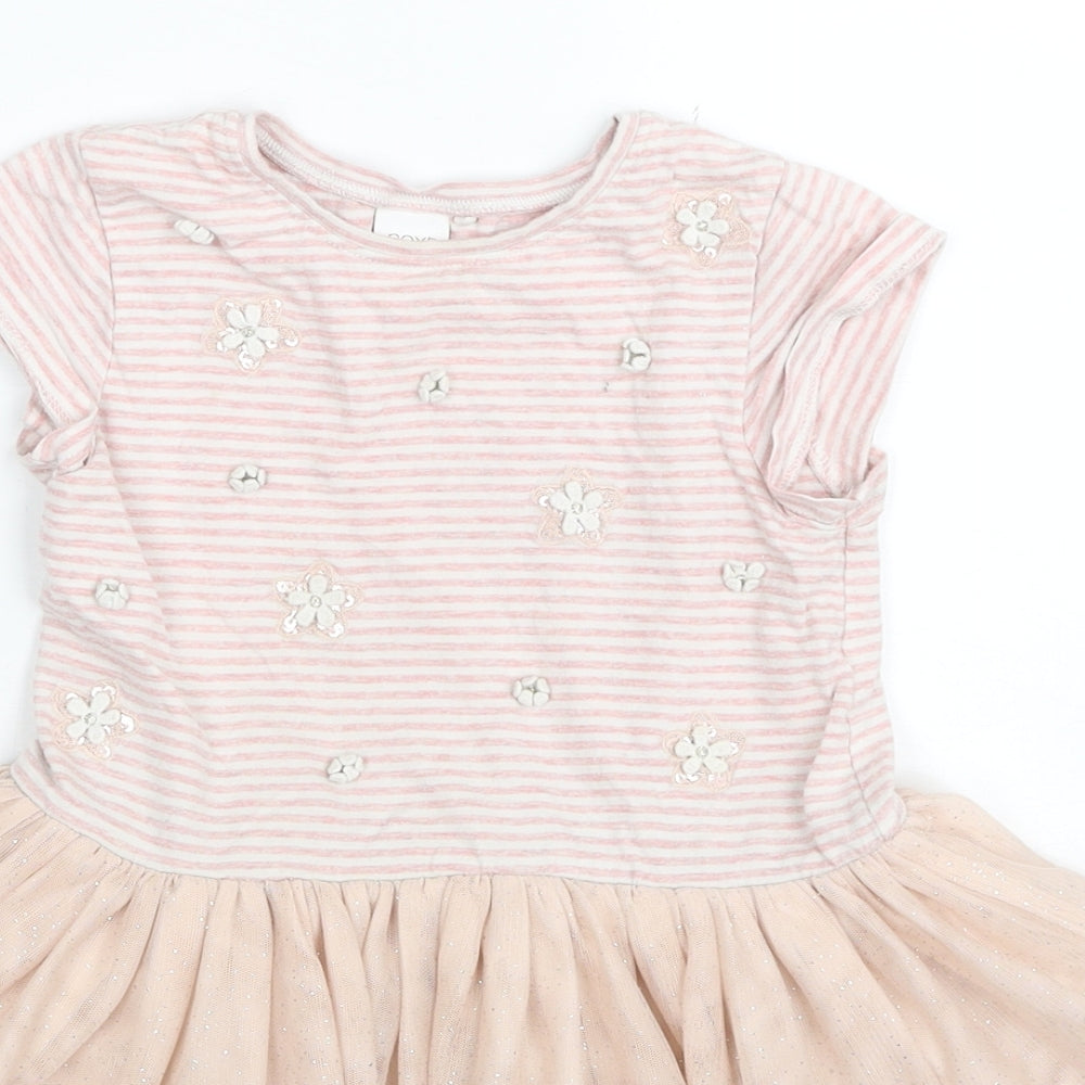 NEXT Girls Beige Striped Cotton Fit & Flare Size 2-3 Years Round Neck Pullover