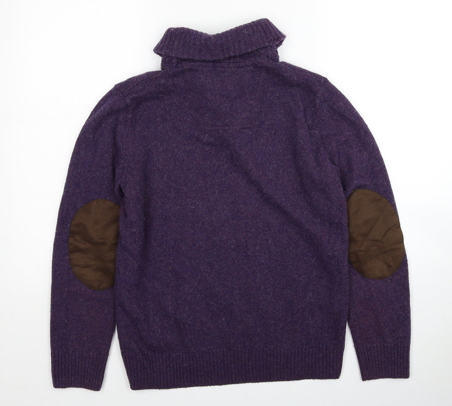 RJR.John Rocha Mens Purple High Neck Wool Henley Jumper Size S - Elbow Patches