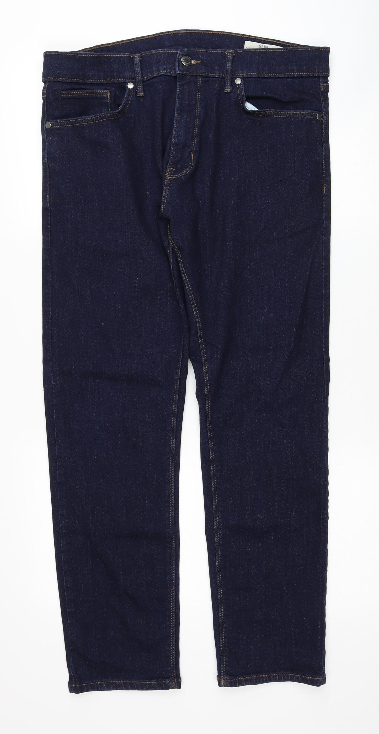 Marks and Spencer Mens Blue Cotton Straight Jeans Size 36 in L29 in Regular Zip