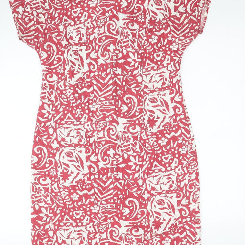 Preworn Womens Red Geometric Viscose Sheath Size 12 Scoop Neck Zip