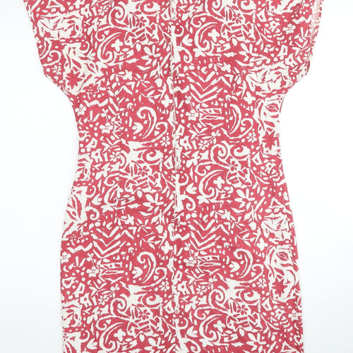 Preworn Womens Red Geometric Viscose Sheath Size 12 Scoop Neck Zip
