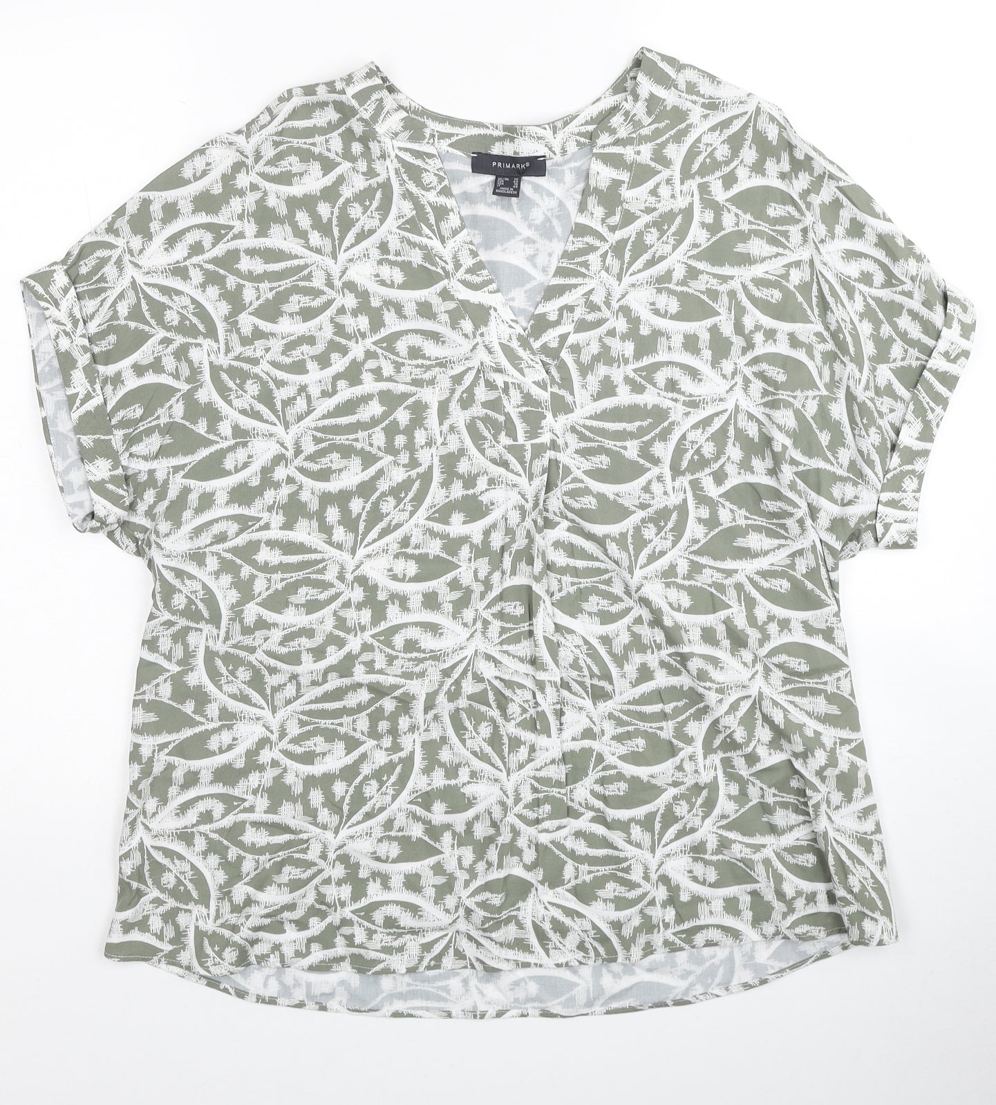 Primark Womens Green Geometric Viscose Basic T-Shirt Size 14 V-Neck