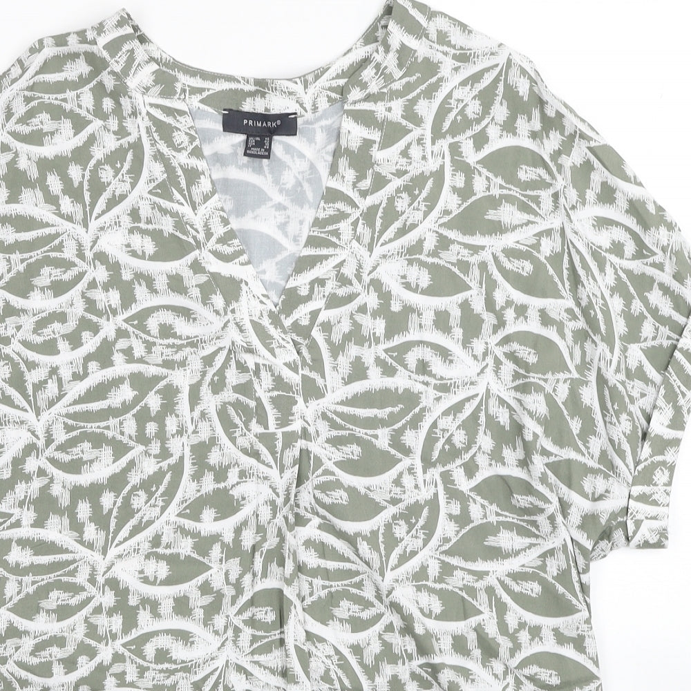 Primark Womens Green Geometric Viscose Basic T-Shirt Size 14 V-Neck