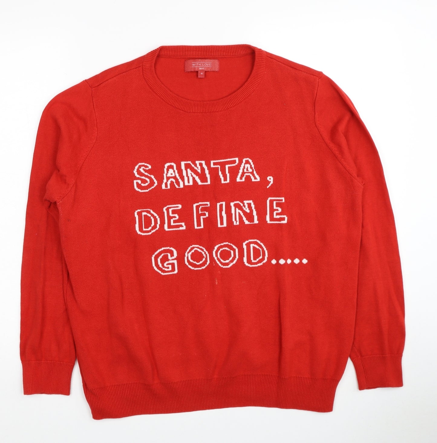 NEXT Womens Red Round Neck Cotton Pullover Jumper Size 16 - Santa Define Good