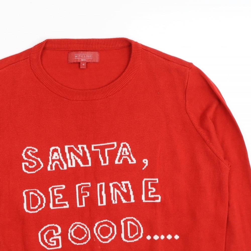 NEXT Womens Red Round Neck Cotton Pullover Jumper Size 16 - Santa Define Good