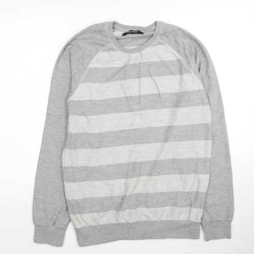 Pull&Bear Mens Grey Round Neck Striped Cotton Pullover Jumper Size L