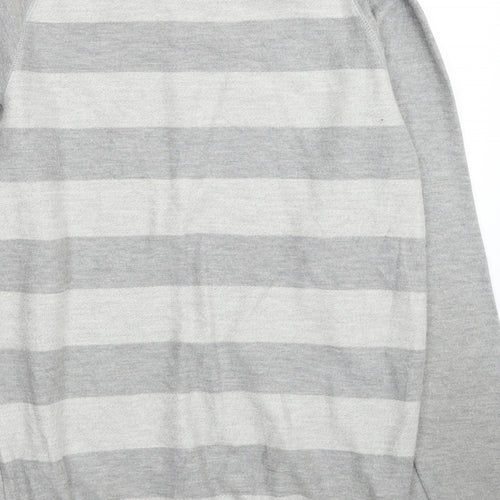 Pull&Bear Mens Grey Round Neck Striped Cotton Pullover Jumper Size L