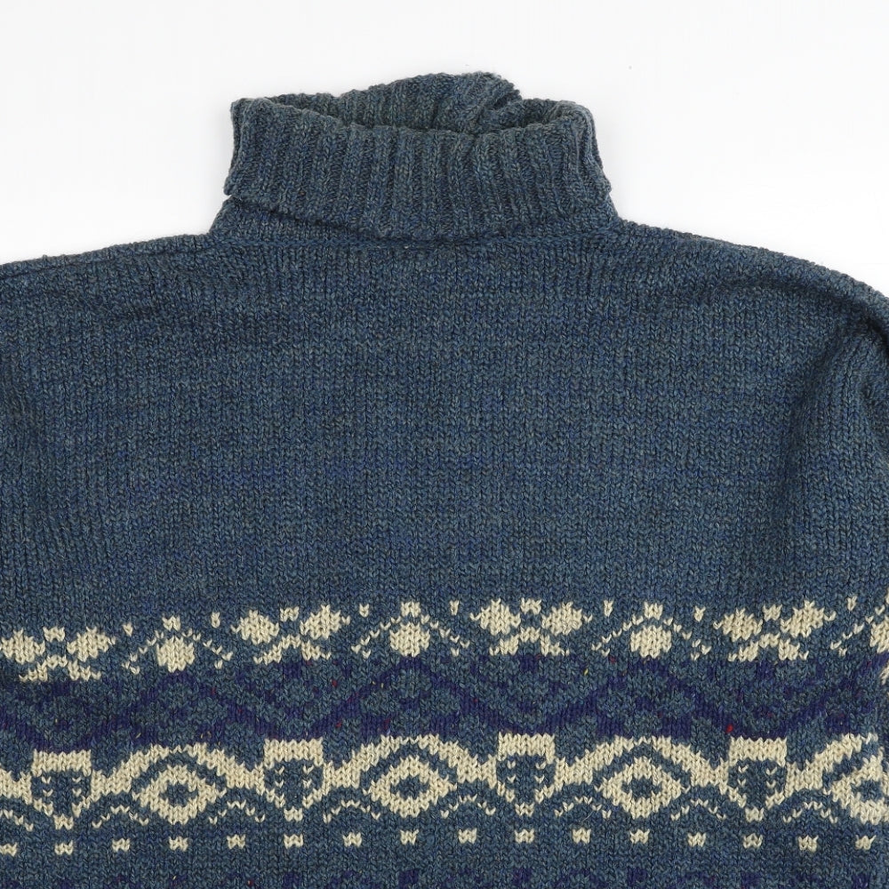 Burton Mens Blue Roll Neck Geometric Acrylic Pullover Jumper Size L