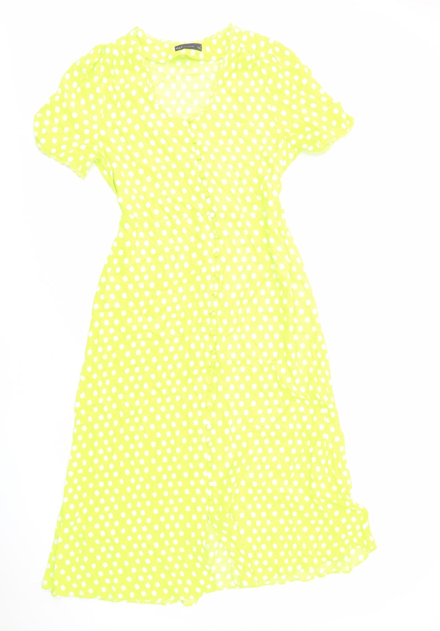 Marks and Spencer Womens Yellow Polka Dot Viscose A-Line Size 12 V-Neck Button