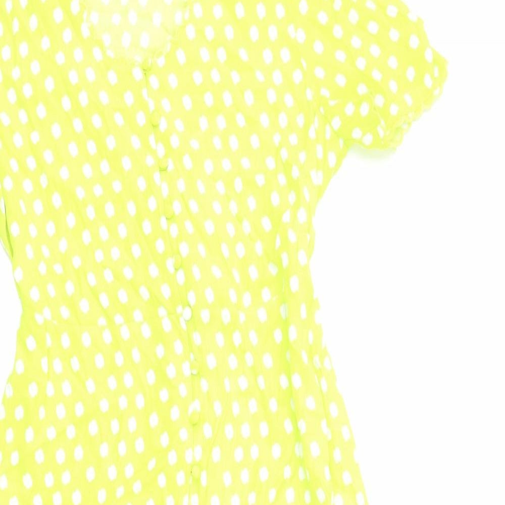 Marks and Spencer Womens Yellow Polka Dot Viscose A-Line Size 12 V-Neck Button