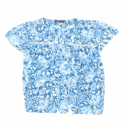 Marks and Spencer Womens Blue Floral Cotton Basic Blouse Size 6 Scoop Neck - Tie Neck Detail