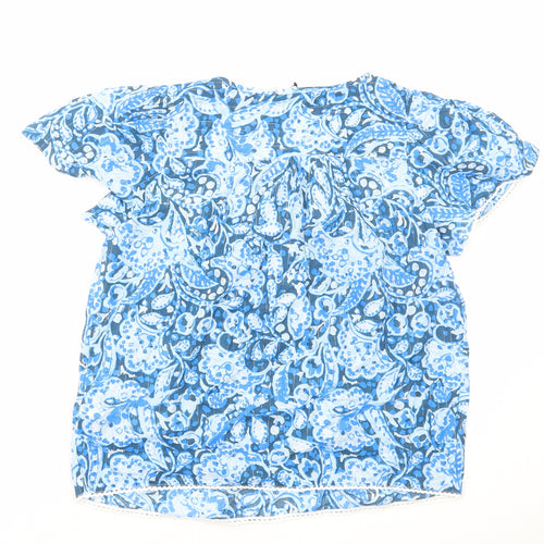 Marks and Spencer Womens Blue Floral Cotton Basic Blouse Size 6 Scoop Neck - Tie Neck Detail
