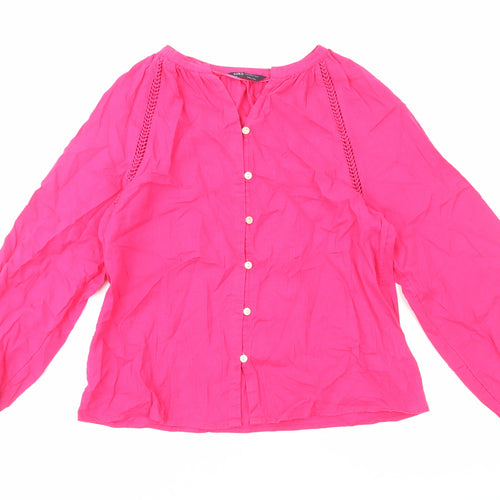Marks and Spencer Womens Pink Linen Basic Button-Up Size 6 V-Neck