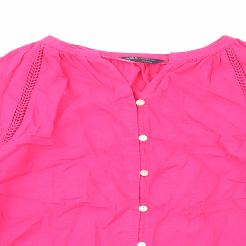 Marks and Spencer Womens Pink Linen Basic Button-Up Size 6 V-Neck