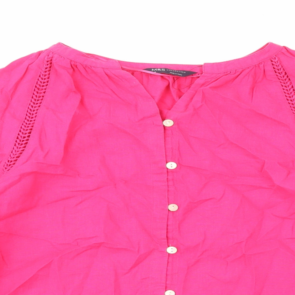 Marks and Spencer Womens Pink Linen Basic Button-Up Size 6 V-Neck