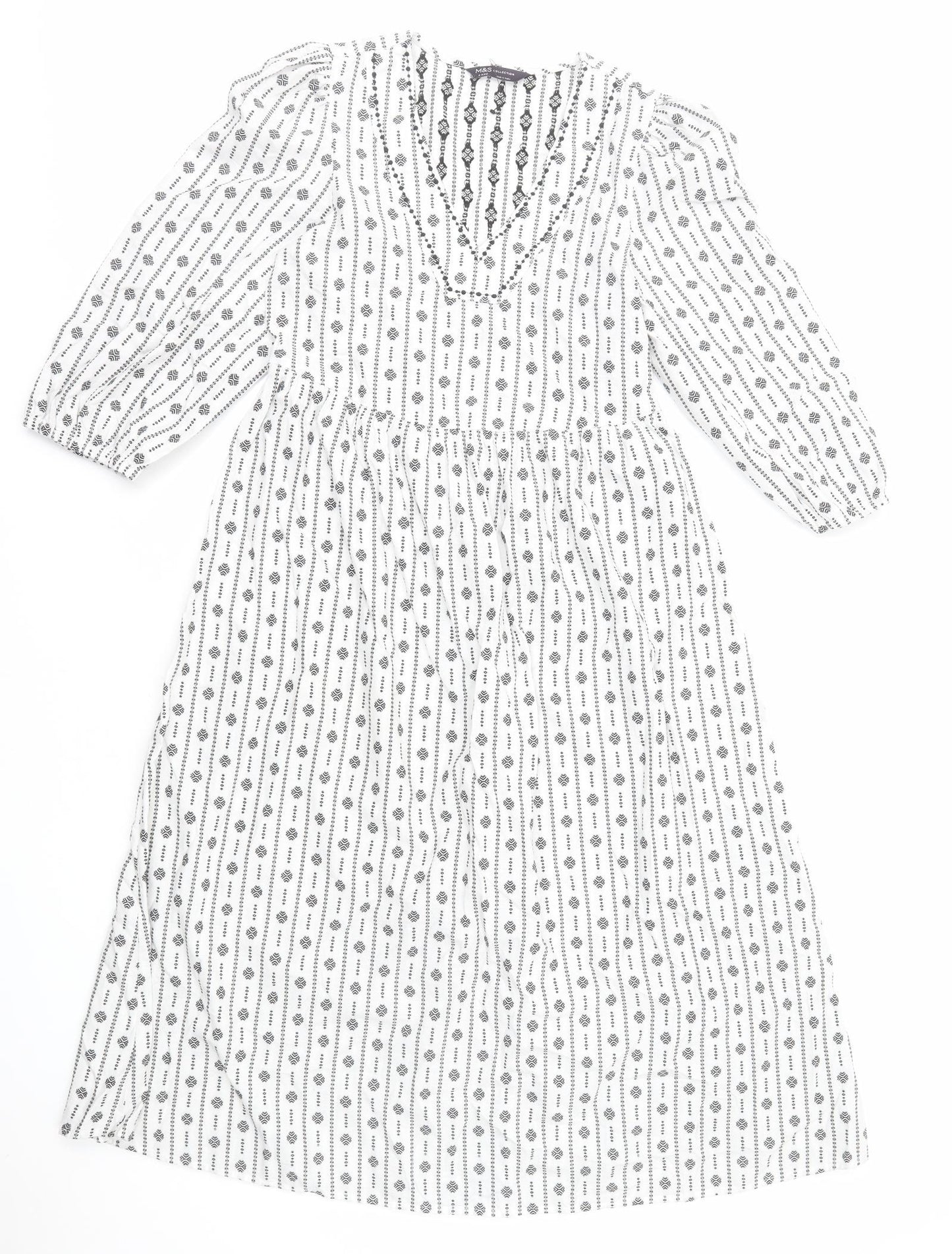 Marks and Spencer Womens White Geometric Cotton A-Line Size 8 V-Neck Pullover