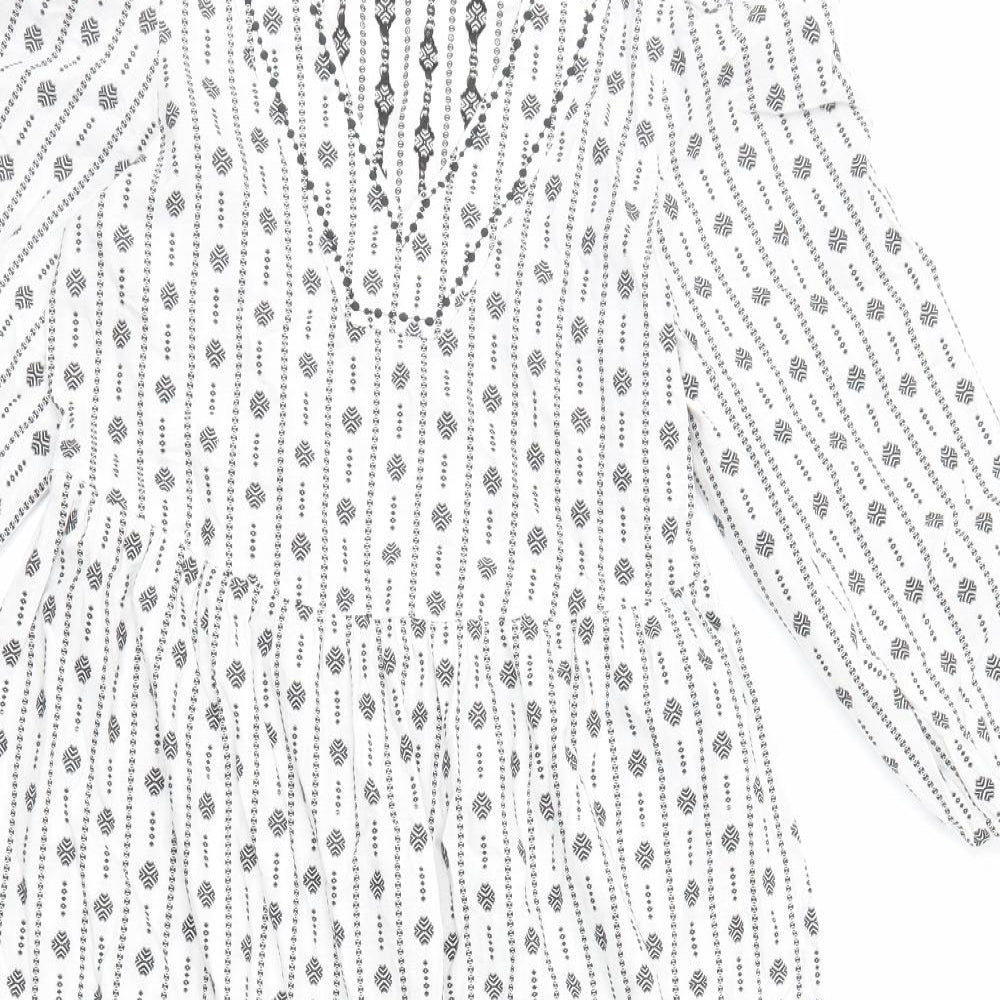 Marks and Spencer Womens White Geometric Cotton A-Line Size 8 V-Neck Pullover