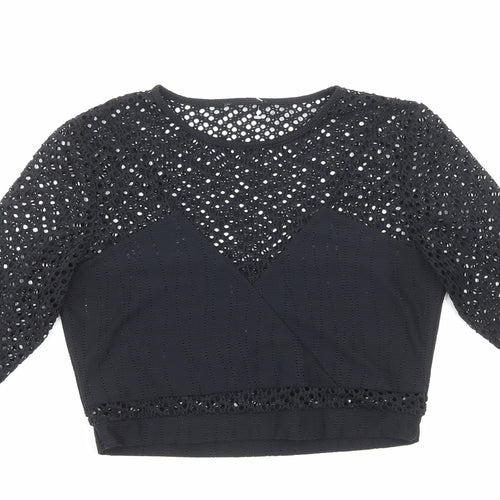 Preworn Womens Black Viscose Cropped Blouse Size 8 Round Neck