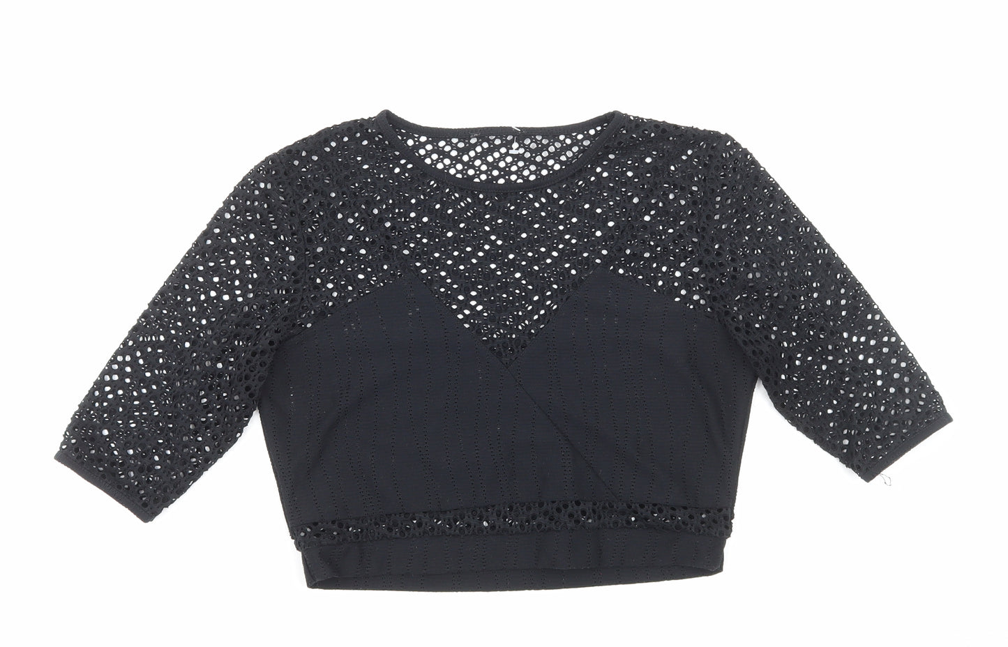 Preworn Womens Black Viscose Cropped Blouse Size 8 Round Neck