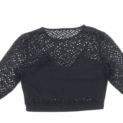 Preworn Womens Black Viscose Cropped Blouse Size 8 Round Neck