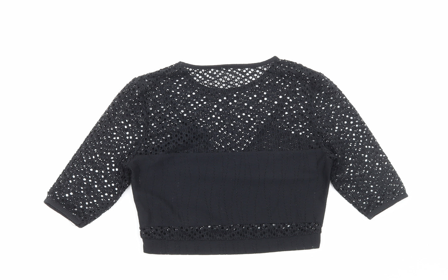 Preworn Womens Black Viscose Cropped Blouse Size 8 Round Neck