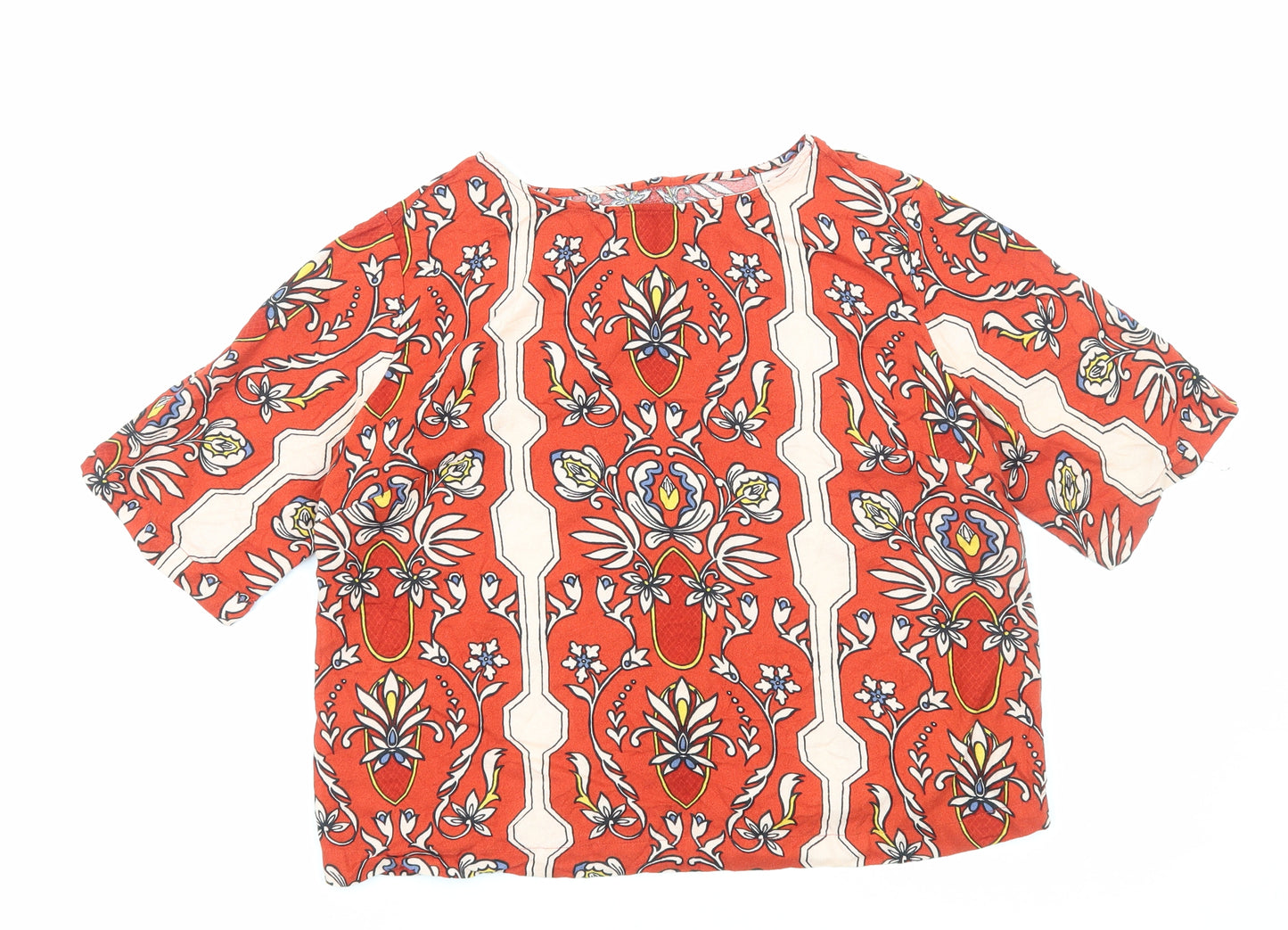 Preworn Womens Orange Geometric Viscose Basic T-Shirt Size M Round Neck