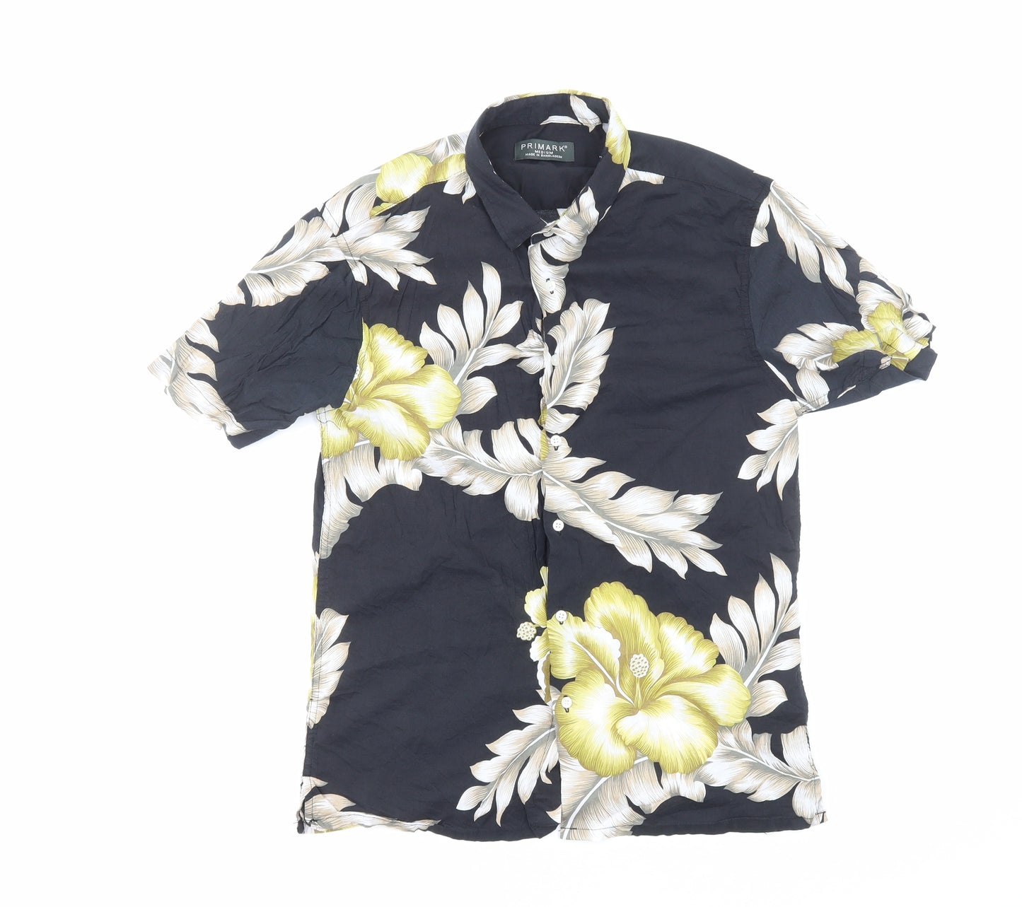 Primark Mens Black Floral Viscose Button-Up Size M Collared Button