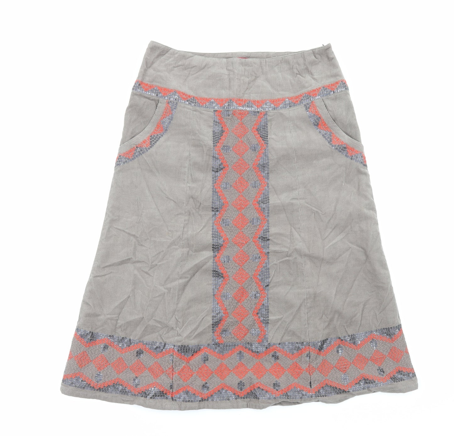 Monsoon Womens Brown Geometric Cotton Flare Skirt Size 8 Zip