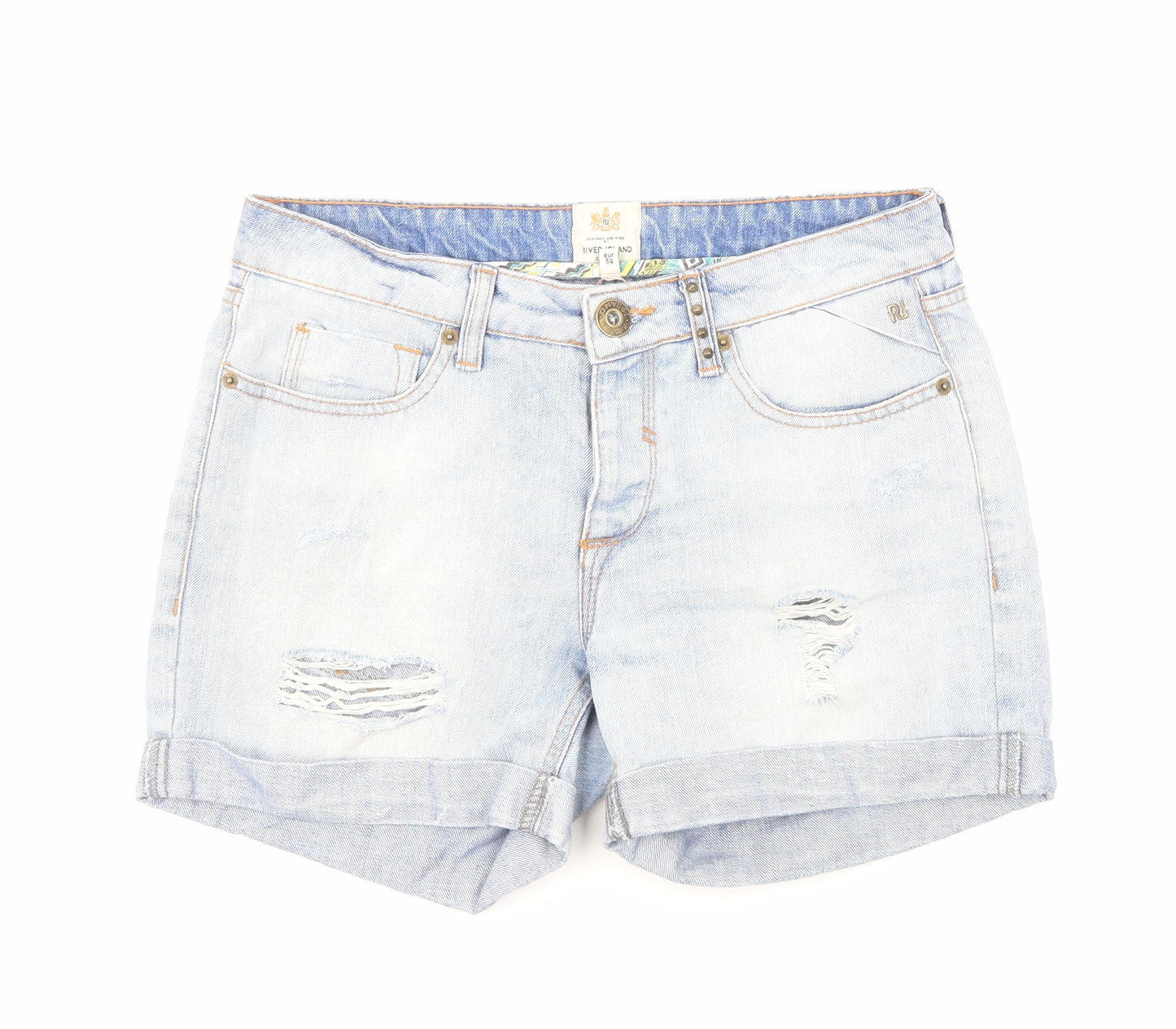 River Island Womens Blue Cotton Hot Pants Shorts Size 8 Regular Button