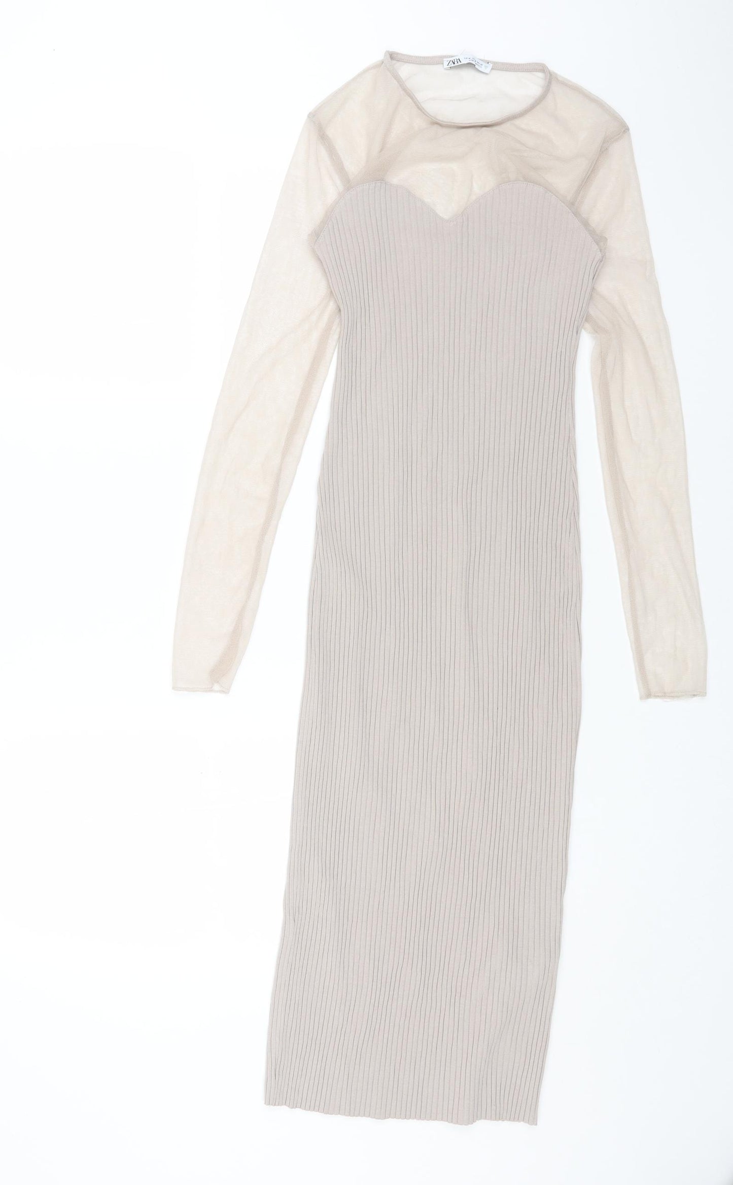 Zara Womens Beige Polyester Bodycon Size M Round Neck Pullover - Mesh Sleeves