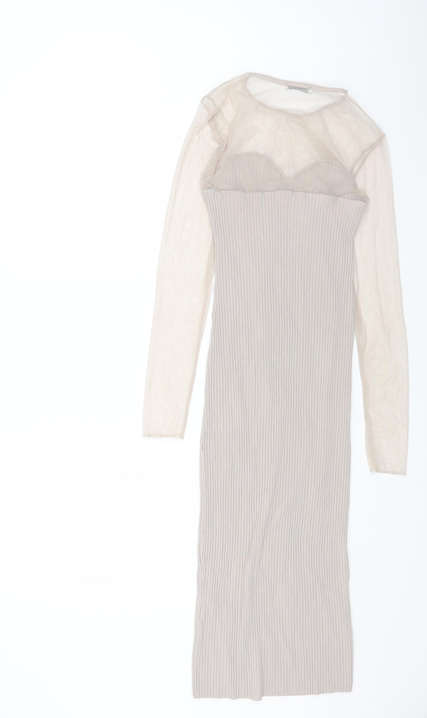 Zara Womens Beige Polyester Bodycon Size M Round Neck Pullover - Mesh Sleeves