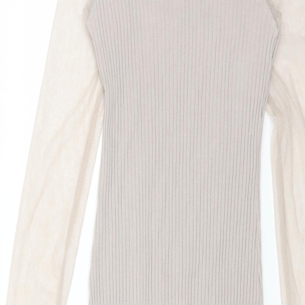 Zara Womens Beige Polyester Bodycon Size M Round Neck Pullover - Mesh Sleeves
