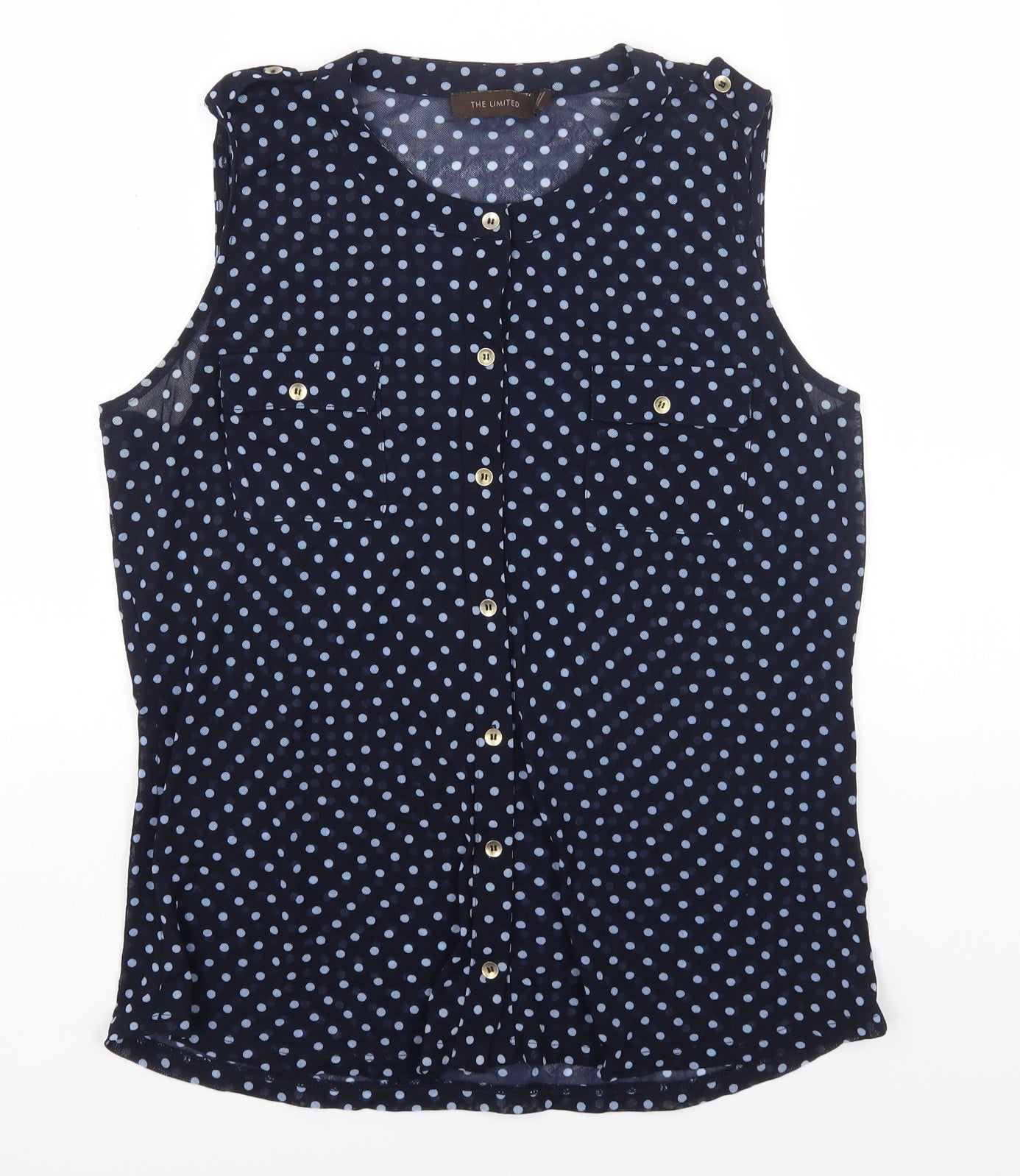The Limited Womens Blue Polka Dot Polyester Basic Button-Up Size L Round Neck