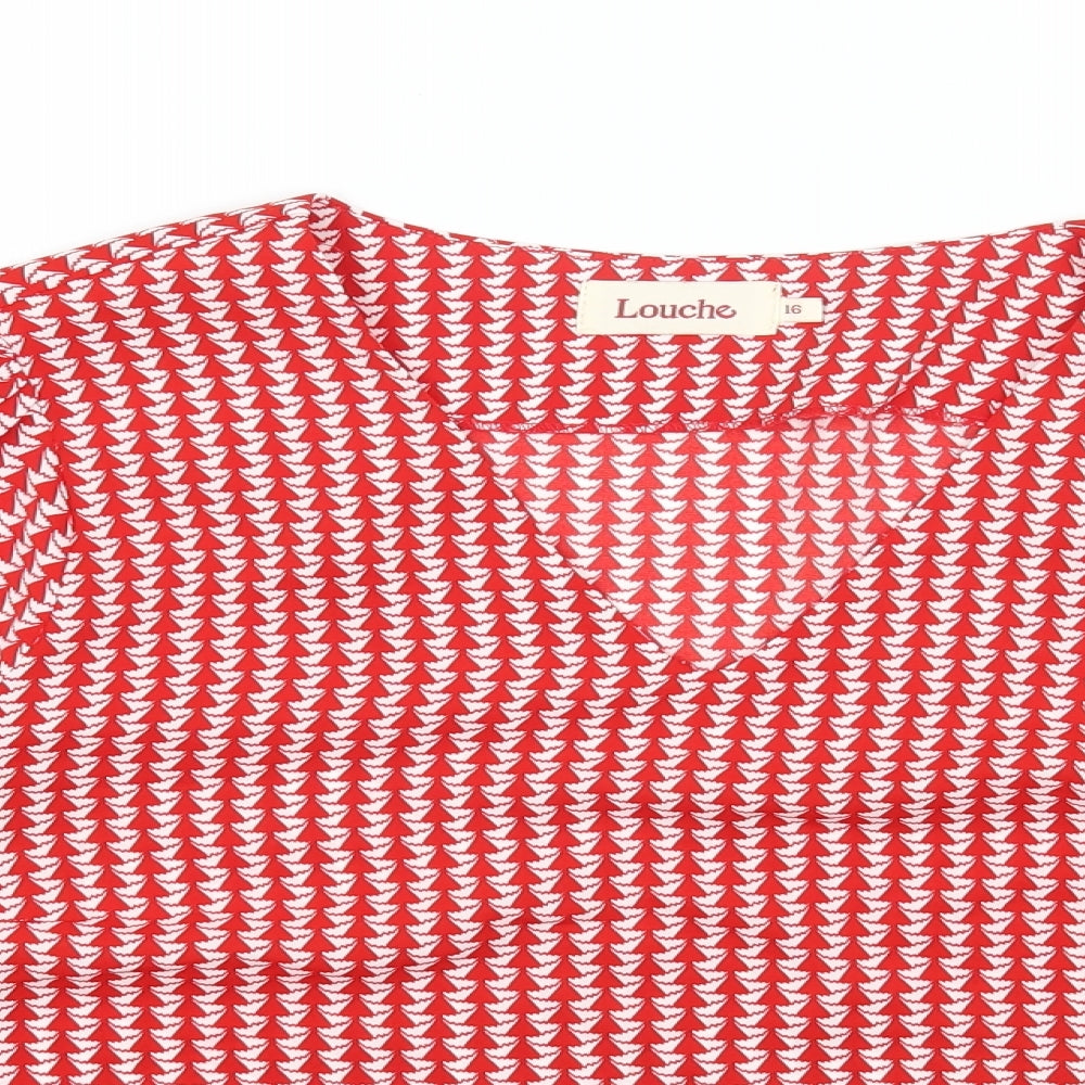 Louche Womens Red Geometric Polyester Basic Blouse Size 16 V-Neck