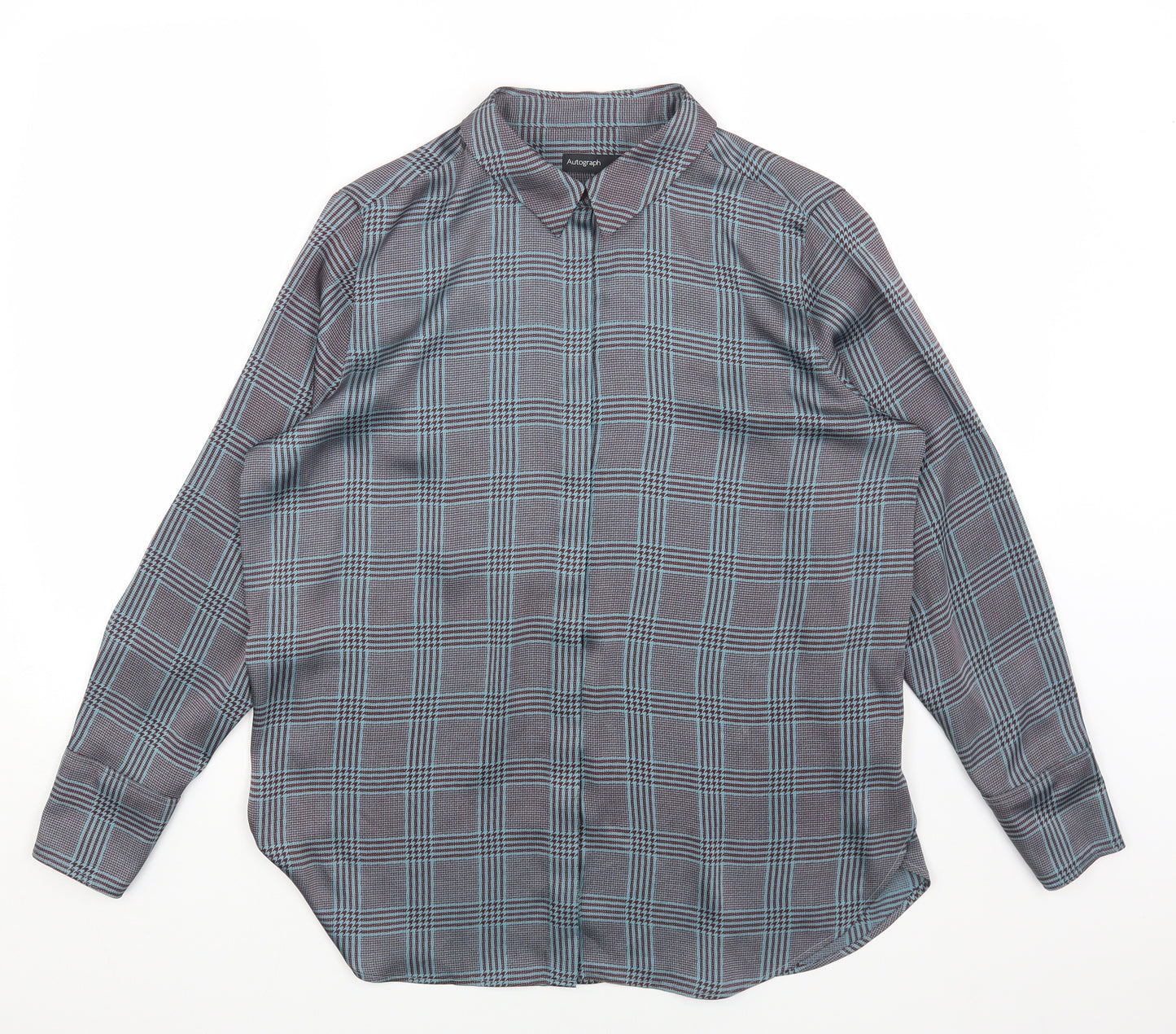 Marks and Spencer Womens Blue Plaid Polyester Basic Button-Up Size 14 Collared