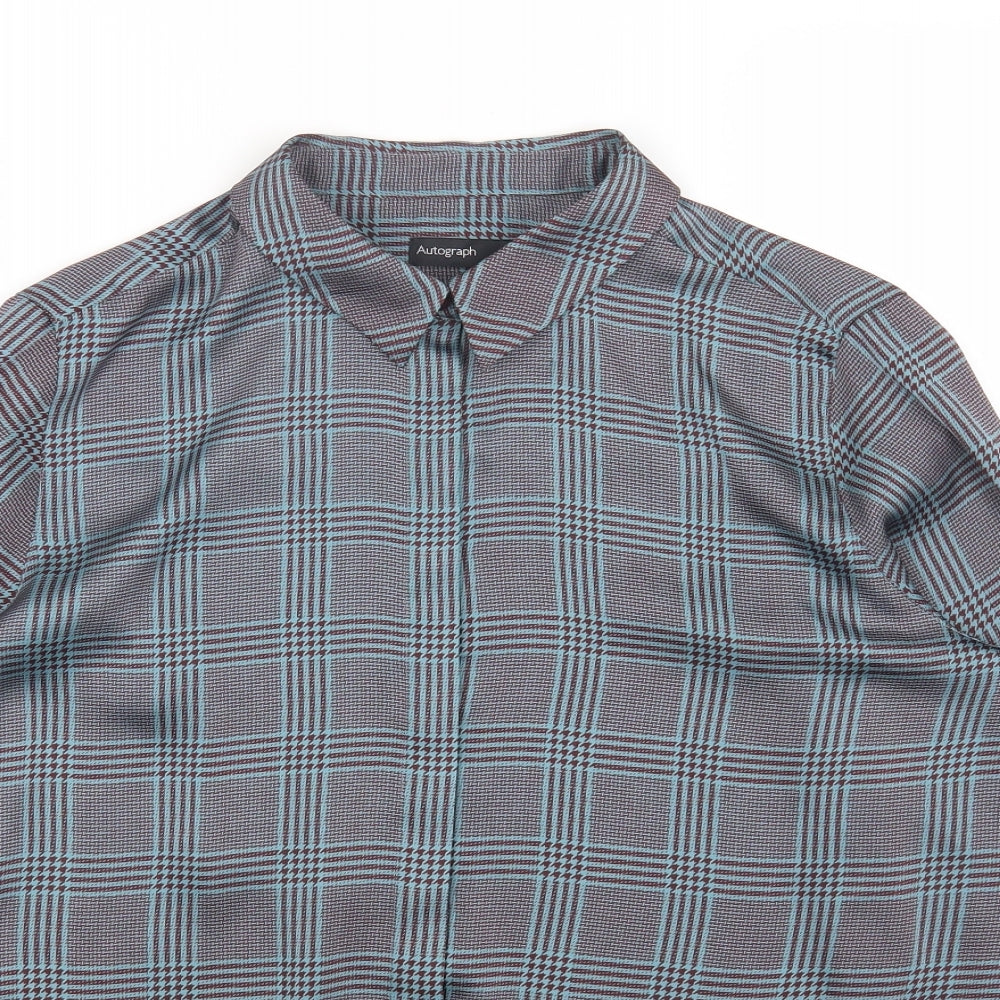 Marks and Spencer Womens Blue Plaid Polyester Basic Button-Up Size 14 Collared