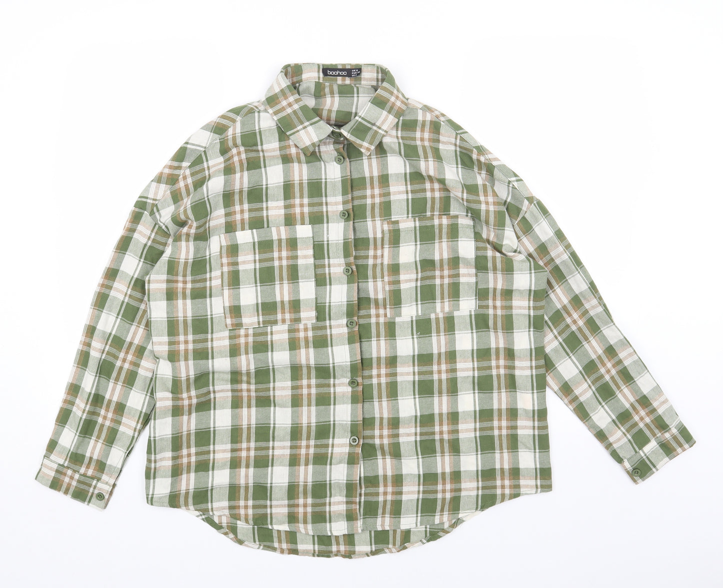 Boohoo Womens Green Plaid Cotton Basic Button-Up Size 8 Collared