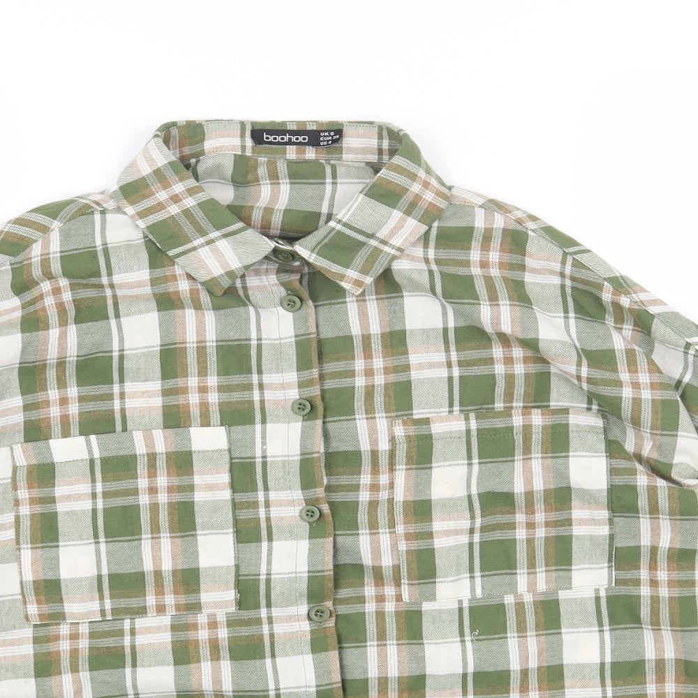 Boohoo Womens Green Plaid Cotton Basic Button-Up Size 8 Collared