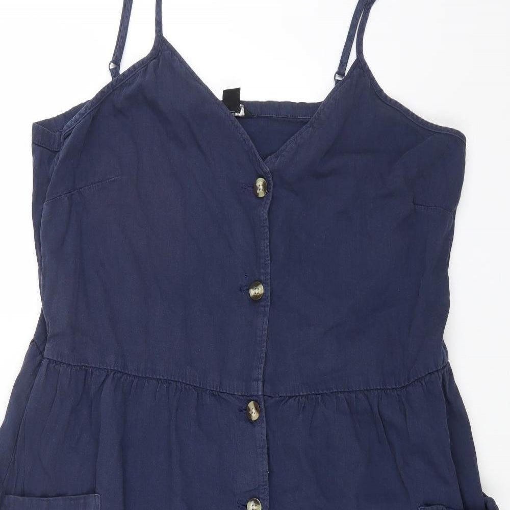 Monki Womens Blue Cotton A-Line Size XL V-Neck Button