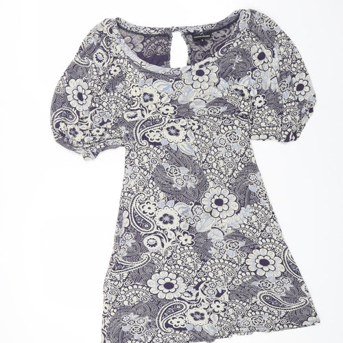 Warehouse Womens Blue Floral Cotton Shift Size 12 Boat Neck Pullover