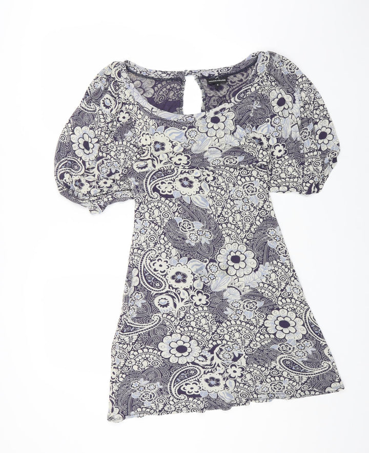 Warehouse Womens Blue Floral Cotton Shift Size 12 Boat Neck Pullover