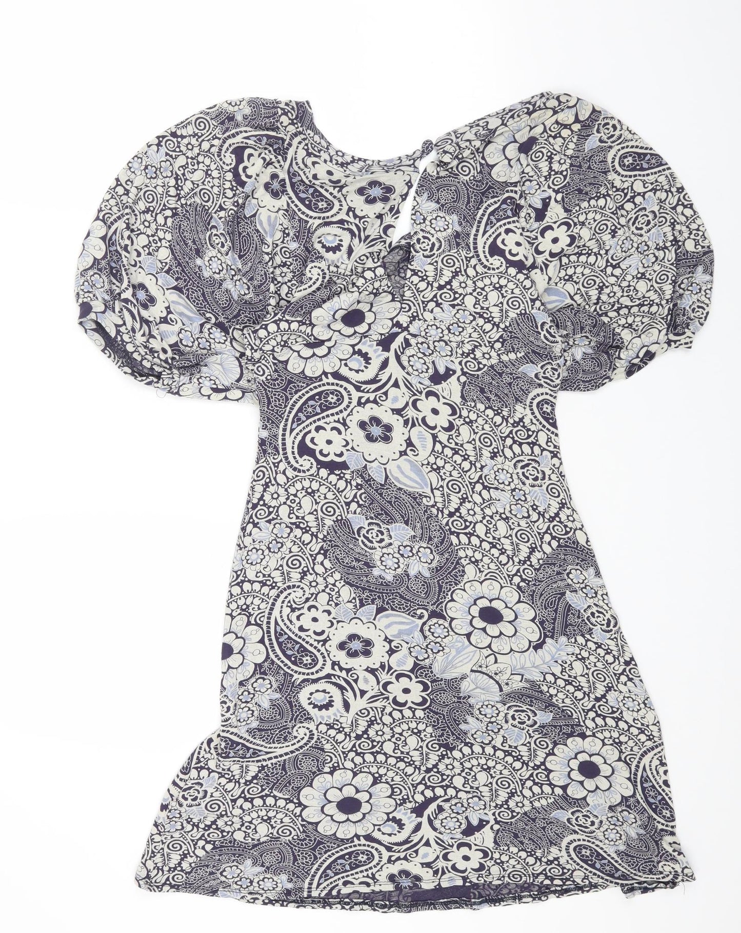 Warehouse Womens Blue Floral Cotton Shift Size 12 Boat Neck Pullover