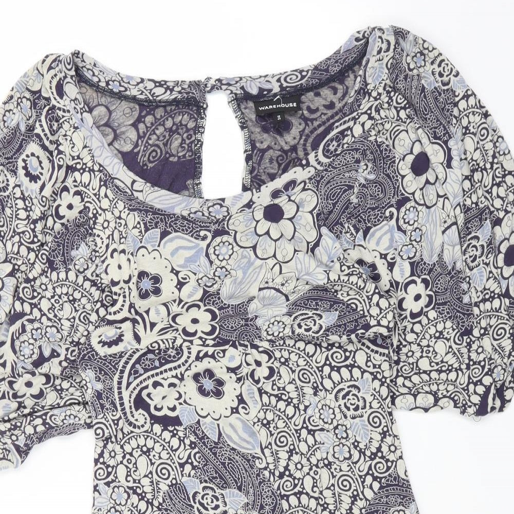 Warehouse Womens Blue Floral Cotton Shift Size 12 Boat Neck Pullover