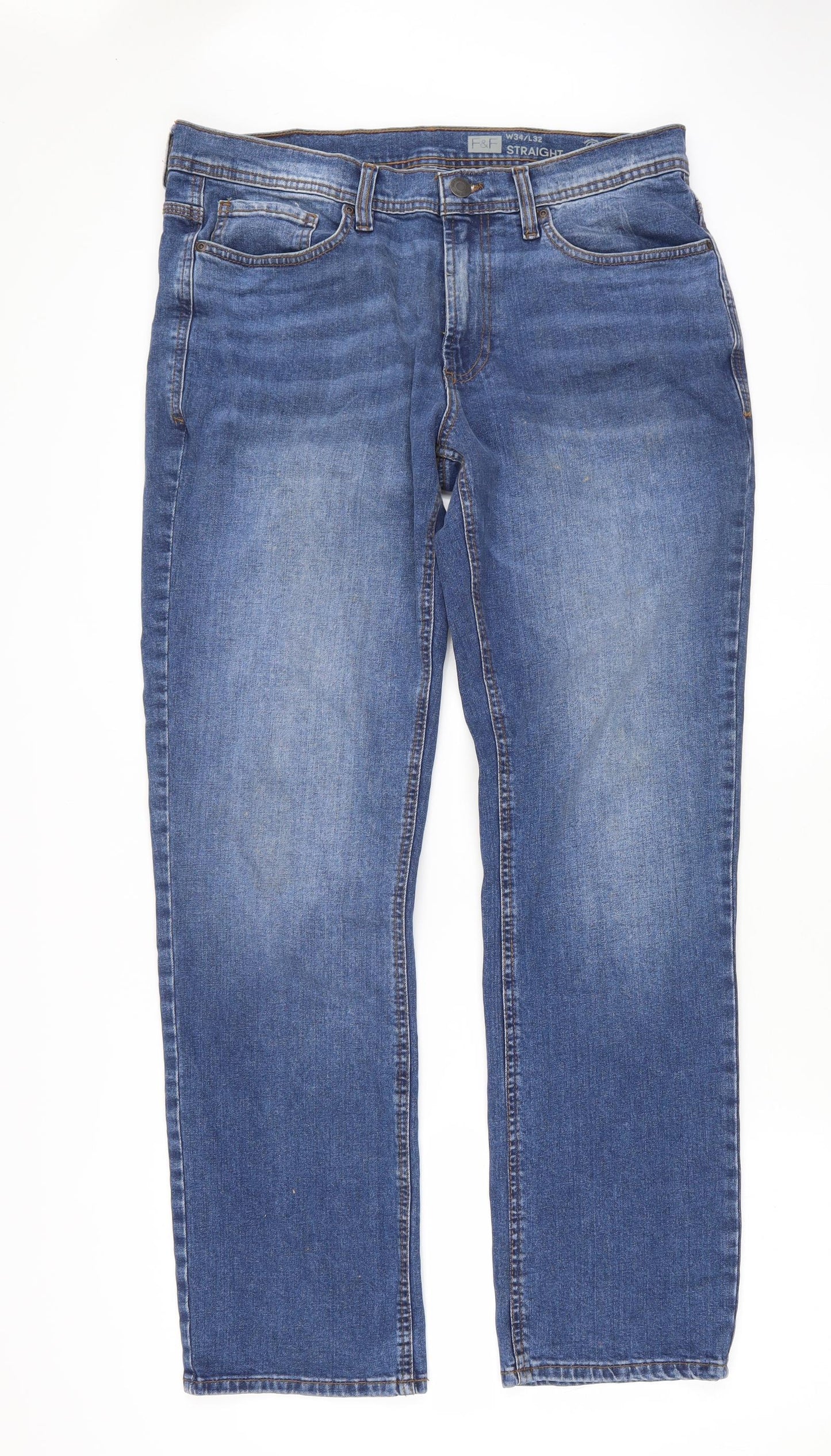 F&F Mens Blue Cotton Straight Jeans Size 34 in L32 in Regular Button